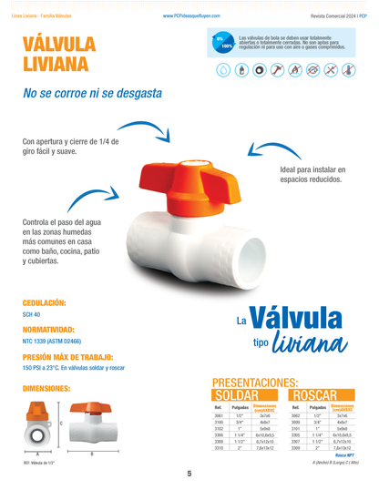 VALVULA DE BOLA PVC DE 3/4'' ROSCAR LIVIANA/ 3099